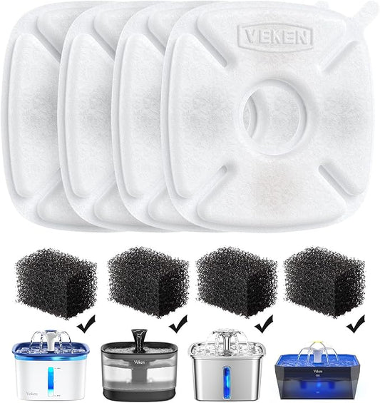 Veken Cat Water Fountain Filter, Classic 4 Pack Replacement Filters & 4 Pack Replacement Pre-Filter Sponges for 50oz, 84oz, 95oz or 108oz Automatic Pet Fountain Dog Water Dispenser