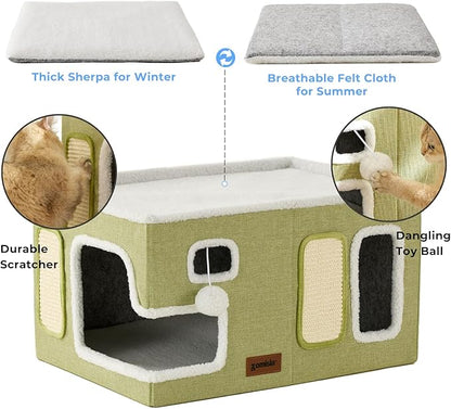 ZOMISIA Extra-Wide Cat House for Indoor Cats - Large Cat House for Pet with Fluffy Ball Hanging and Scratch Pad, Foldable Cat Hideaway for Multi Cats, 23x16.5x13 inches, Navy
