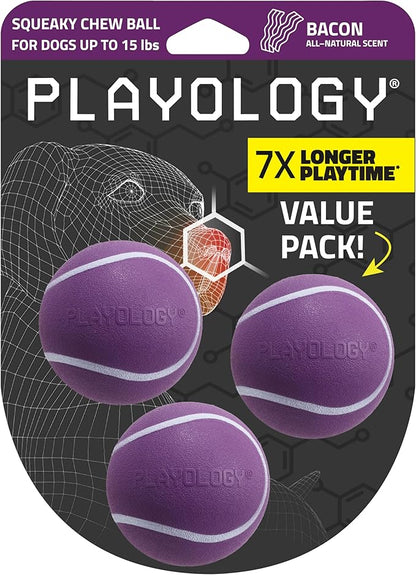Playology Dog Toys | Squeaky Chew Ball - Bouncy Durable Floating Fetch Ball for Dogs, Value 3-Pack | Small Bacon Scented Toy - Easy to Clean and Made from Non Toxic Materials