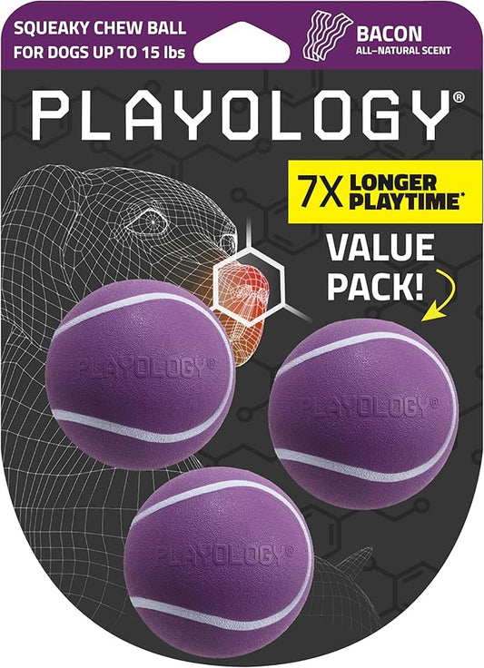 Playology Dog Toys | Squeaky Chew Ball - Bouncy Durable Floating Fetch Ball for Dogs, Value 3-Pack | Small Bacon Scented Toy - Easy to Clean and Made from Non Toxic Materials