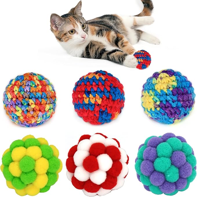 Cat Toys Balls 3 Jingle Bell Ball & 3 Soft Pom Pom Balls Interactive Kitten Toys for Hunting Kicking, Handmade Small 1.8” & Large 2.1” for Cats Kittens 6 Pack