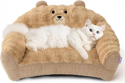 LE SURE Cute Cat Couch for Pets - Fluffy Original Bear Design Cat Beds for Indoor Cats, Fuzzy Cats Sofa with Removable Washable Cover, Supportive Pet Chair, 24inch, Almond