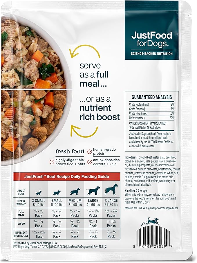 JustFoodForDogs JustFresh Wet Dog Food, Fresh Pet Meals and Toppers with No Preservatives, Resealable Package, Human Grade, Home-Cooked Beef, 12 oz - 7 Pack