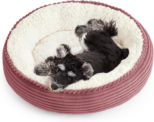 Love's cabin Round Donut Cat and Dog Cushion Bed, 25in Pet Bed for Small or Medium Dogs, Anti-Slip & Water-Resistant Bottom, Soft Durable Fabric Pet Beds, Washable Calming Cat Bed Dusty Rose Stripe
