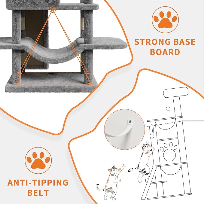 68.5 Inch Tall Cat Tree Tower, Heavy Duty Multi-Level Cat Tower with Scratching Posts, Condo, Plush Perches, Hammocks, Basket & Dangling Balls, Cat Furniture for Indoor Cats