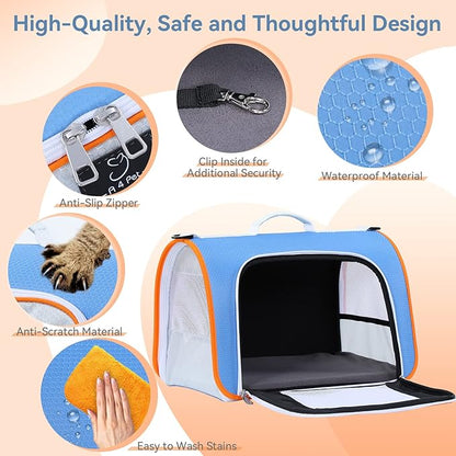 A4Pet Pet Carrier Airline Approved, Suitable for Cats, Puppies Under 18 lbs, Easy On The Go, Easy to Stow, Soft-Sided Pet Travel Carrier, 17" L x 11" W x 11" H, Blue & Orange