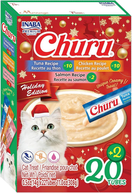 INABA Churu Cat Treats, Lickable, Squeezable Creamy Purée Cat Treat with Vitamin E, 0.5oz Each Tube, 22 Tubes, Holiday Variety Pack