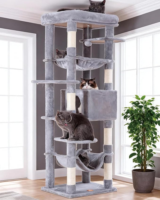 Heybly Cat Tree for Large Cats 20 lbs Heavy Duty,69 inches XXL Cat Tower for Indoor Cats,Multi-Level Furniture Condo with Big Padded Plush Perch,Cozy Basket HCT031W