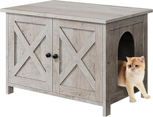 Shintenchi Cat Littler Box Enclosure, Litter Box Furniture Hidden with Removable Divider, Cat House with End Table, Grey