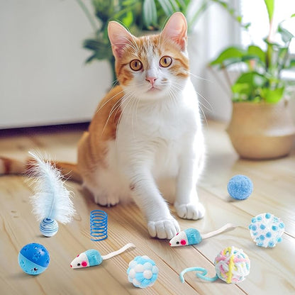 MALLMALL6 10Pcs Cat Toy Set Including Cat Springs Feather Teaser Wand Mice Crinkle Balls and Pet Bell Balls, Puzzle Interactive Pet Gift Pack Toys for Indoor Kitten (Blue)