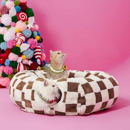 Lesure Cat Tunnel Bed for Indoor Cats - Cute Cat Donut Tunnel Toys for Small Large Cats with Washable Circle Cushion, Round Pet Peekaboo Cave Toy for Kitten/Puppy/Rabbit, Standard Brown Checks