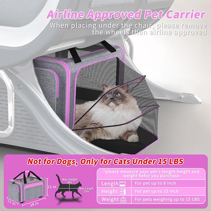 3-in-1 Pet Carrier with Wheels, 18" x 11" x 11" TSA Airline Approved, Cat Carrier on Wheels for Small Cats Up to 15Lbs, Rolling Pet Carrier, Cat Soft-Sided Bag for Flying, Travel & Vet(Not for Dogs)