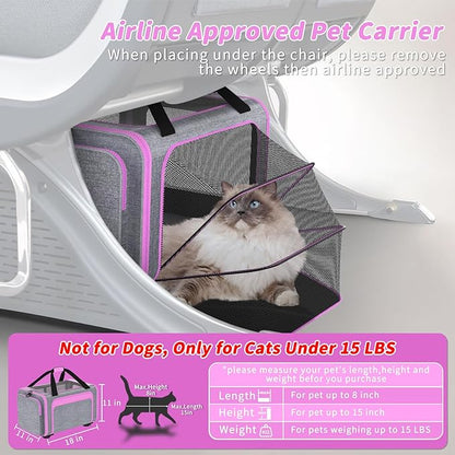 3-in-1 Pet Carrier with Wheels, 18" x 11" x 11" TSA Airline Approved, Cat Carrier on Wheels for Small Cats Up to 15Lbs, Rolling Pet Carrier, Cat Soft-Sided Bag for Flying, Travel & Vet(Not for Dogs)