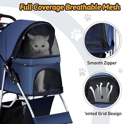 Pet Stroller, 4 Wheels Pet Strolling Cart for Medium/Small Dogs and Cats, Foldable Cat Jogger/Dog Stroller with Cup Holder, Storage Basket, Breathable Mesh, All-Season Pet Carrier, Navy Blue