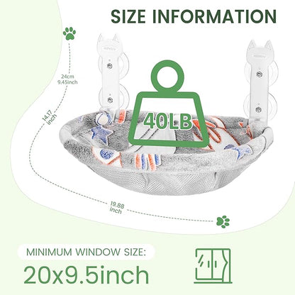 Cat Window Perch, Glow in The Dark Foldable Cat Hammock with Sunken Design & Removable Soft Cover, Breathable Cordless Window Bed for Resting Indoor Kitten (Grey Deep Perch, Medium)