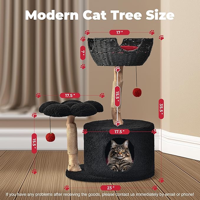 Easyego Modern Cat Tree, Aesthetic Wood Cat Tree Tower for Large Cats, Luxury Cat Condo with Scratching Posts and Flower Platforms, Cat Furniture by Easyego，(Modern Black)