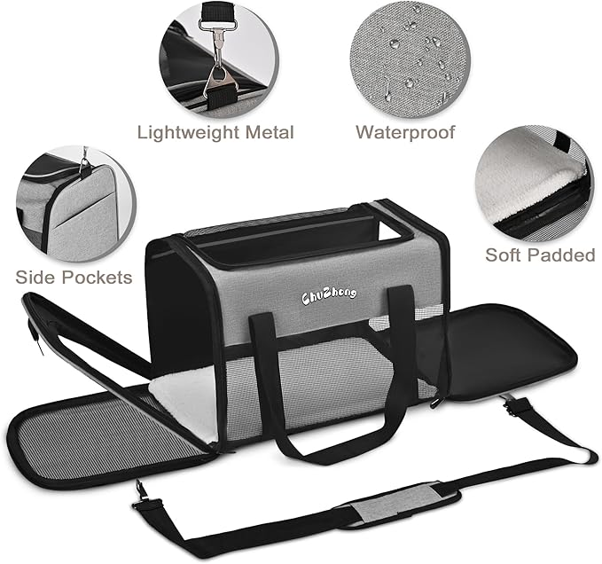 Airline Approved Pet Carrier for Cats & Small Dogs (Up to 18 Lbs) - Soft Sided Travel Carrier with Washable Pad (Grey)