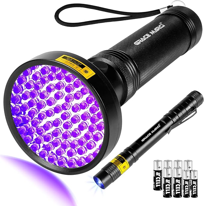 100 LED UV Black Light Flashlight (395nm) with Mini UV Pen Light (365nm) - Dual Wavelength Ultraviolet Light for Pet Urine Detection, Scorpion Hunting, Resin Curing, Counterfeit Money & Leak Detection
