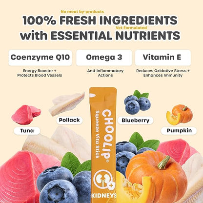 Choolip Squeeze Vita Stick Lickable Cat Treats & Dog Puree – 49-Count Kidney Support Tubes, Creamy Puree with Multivitamins for Urinary & Kidney Health, Grain-Free High-Protein Vet-Formulated Treats