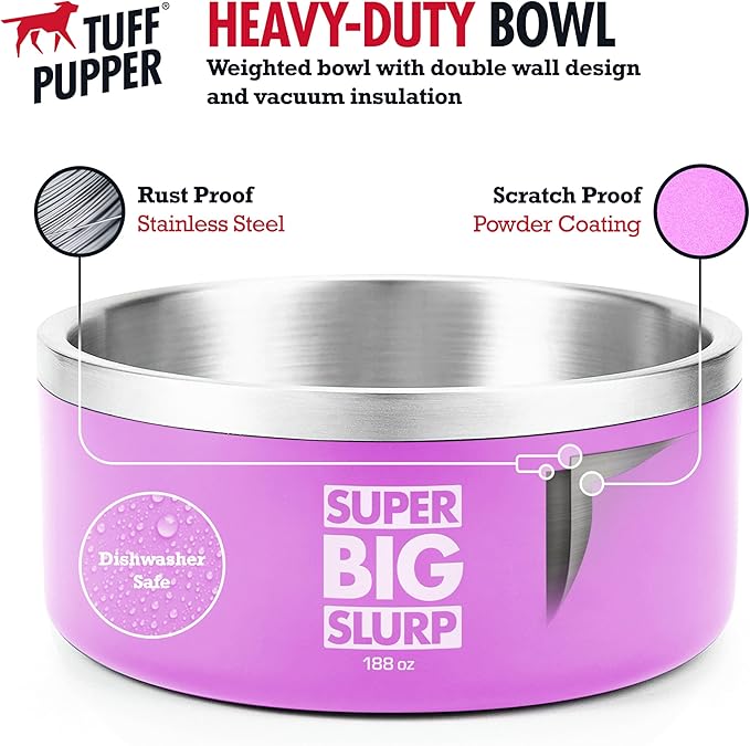Tuff Pupper Heavy Duty Insulated Dog Bowl | Double Wall Stainless Steel Dog Food Dish | Non-Slip Spill Proof Dishwasher Safe Cat Bowl | Water Dish for Feeding Large Medium Small Pets (188oz, Pink)