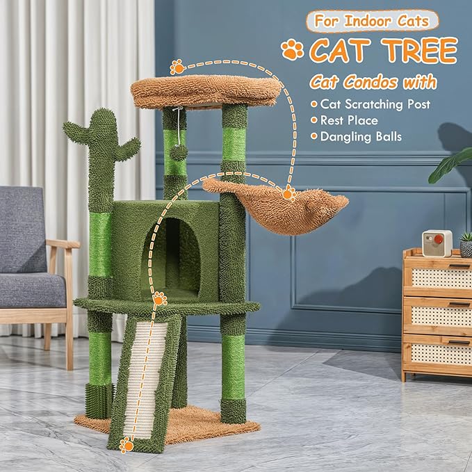 Athena Collection Small Cat Tree Tower with Scratching Post, 42 Inch Modern Cute Cat Tree Condo with Cozy Perch Basket Hanging Ball Climbing Ramp for Kittens Indoor Climbing, Green