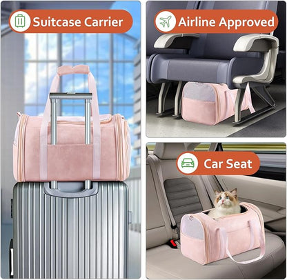 Fashion Leather Dog Carrier Cat Carrier Airline Approved Pet Carrier for Small Medium Dogs Cats Under 15Lbs, Collapsible Soft Sided Travel Puppy Carrier Pink