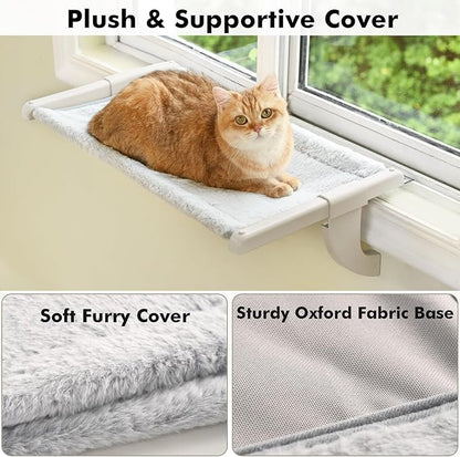 Window Sill Mount Cat Perch for Indoor Cats, One-Step Sliding Clamping Slot Adjustment Cat Hammock with Washable Cover, No Suction Cups Pet Bed for Windowsill & Bedside (Medium)