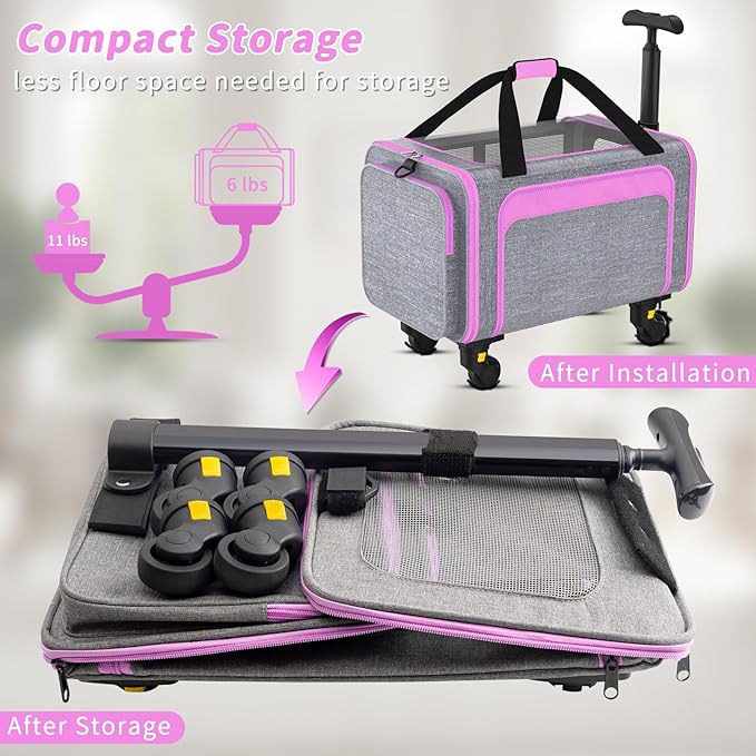 3-in-1 Pet Carrier with Wheels, 18" x 11" x 11" TSA Airline Approved, Cat Carrier on Wheels for Small Cats Up to 15Lbs, Rolling Pet Carrier, Cat Soft-Sided Bag for Flying, Travel & Vet(Not for Dogs)