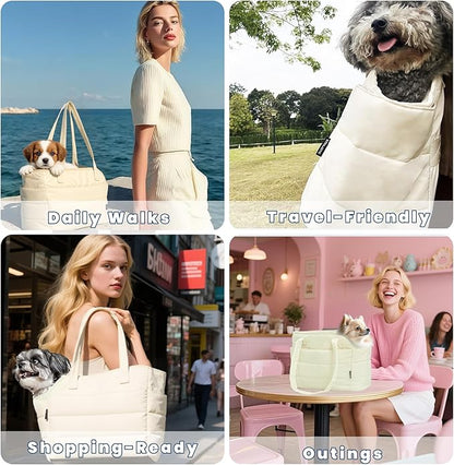 Lightweight Dog Purse Carrier for Small Dogs Under 15 lbs, Puffy Quilted Pet Carrier Tote for Puppies with Safety Leash Clip, Women's Hands-Free Dog Carrier Bag for Travel/Shopping (Beige)