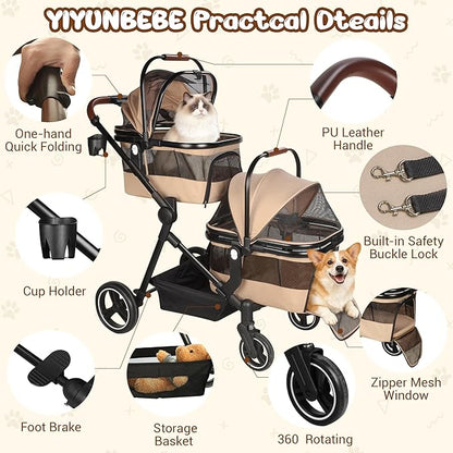 Foldable Double Pet Stroller for 2 Small Medium Cats Dogs, Lightweight Single and Double Integrated Pet Stroller with Detachable Carriers