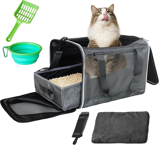 HiCaptain Cat Travel Carrier Bag with Litter Box, Portable Soft Cat Carrier Bag Lightweight Leak-Proof Collapsible Litter Box for Cats, Fits for Kitten up to 15 lb to Travel, Camping, Hiking, or Hotel