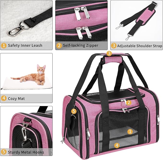 Soft-Sided Cat/Dog/Pet Carrier, Collapsible Pets Travel Carriers for Big Cats/Small Dogs with Shoulder Strap & Removable Mat, Mesh Puppy Carry Bag, Up to 16 Lbs, TSA Airline Approved (Pink)