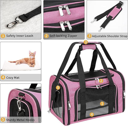 Soft-Sided Cat/Dog/Pet Carrier, Collapsible Pets Travel Carriers for Big Cats/Small Dogs with Shoulder Strap & Removable Mat, Mesh Puppy Carry Bag, Up to 16 Lbs, TSA Airline Approved (Pink)