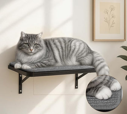 Cat Wall Shelves Set of 2, Black Solid Wood Cat Lounging Shelf with Grey Sisal Cushion, Wall-Mounted Space-Saving Climbing Shelf, Window Perch for Kittens & Cats, Black Furniture for Indoor