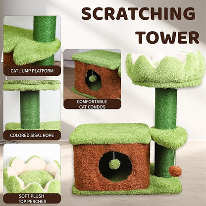 Zamaya Cat Tree for Indoor Cats, 25.9” Tall Cat Tower with Scratching Post, Condo & Window Perch, Stable Design for Adult Cats, Green