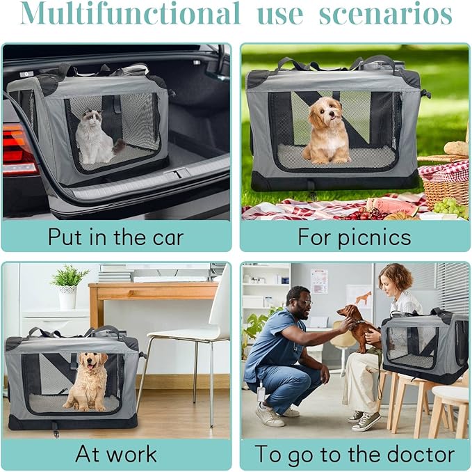 Fhiny Large Cat Carrier for 2 Cats, 24"x17"x17" Soft Dog Crate Collapsible Portable Travel Pet Carrier Bag Durable Breathable Foldable Kitten Carrier Bag for Puppy Cats Under 45 Lbs Grey