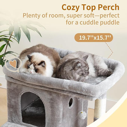 Heybly Cat Tree, 25.6-inch Cat Tower with Spacious Top Perch for Large Cats, Stair-Style Cat House Furniture with Dual-Layer Condos, Sisal Scratching Posts, Cozy Basket & Pompom, Light Gray HCT204SW