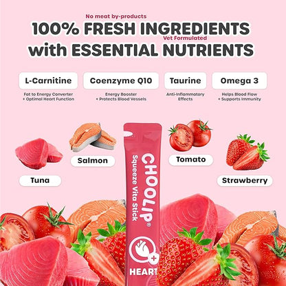 Choolip Squeeze Vita Stick Lickable Cat Treats & Dog Puree – 49-Count Heart Support Tubes, Creamy Grain-Free High-Protein Puree with Omega 3, Taurine, L-Carnitine & CoQ10 for Healthy Heart & Energy