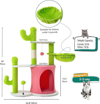 YITAHOME Cactus Cat Tree: 36 in Cats Tower for Indoor Kittens with 2 Platforms, Scratching Post, Spring Ball, Hanging Ball, Hanging Basket, Green & Pink
