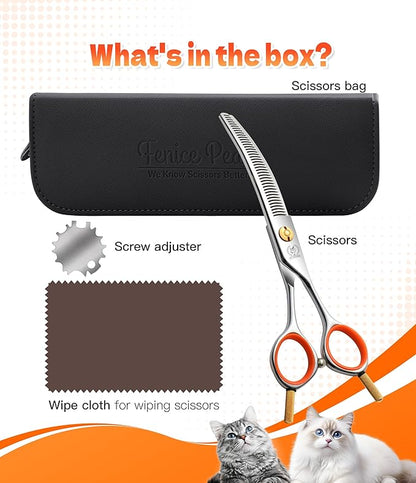 Fenice Peak 6'' Small Curved Thinning Scissors Lightweight Dog Cat Grooming Scissors with Safety Round Tip JP440C Stainless Steel