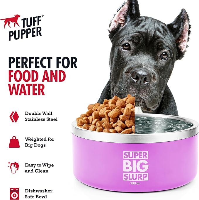 Tuff Pupper Heavy Duty Insulated Dog Bowl | Double Wall Stainless Steel Dog Food Dish | Non-Slip Spill Proof Dishwasher Safe Cat Bowl | Water Dish for Feeding Large Medium Small Pets (188oz, Pink)