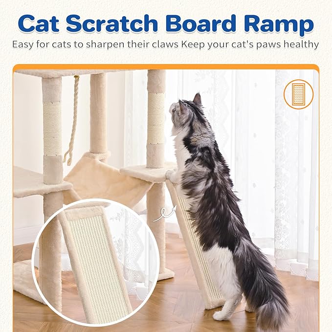 ABCPET Cat Tree Tower 63in Multi-Level Cat Tower for Indoor Cats with Sisal Scratching Posts, Condo, Hammock, Dangling Ball and Extended Platform for Cats to Play, Beige