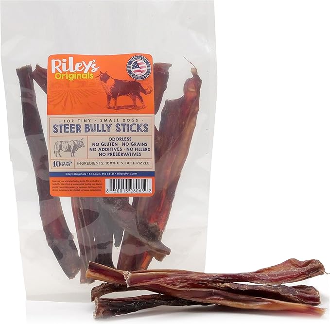 Riley's Steer Bully Sticks for Tiny to Small Dogs - Odor Free Single Ingredient Chew Treat - Easily Digestible, 100% Beef Pizzle Sticks for Dogs - 4-6", 10ct