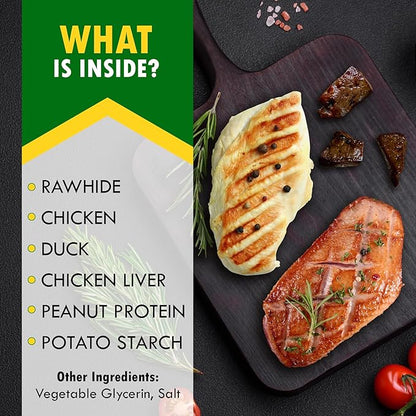 Dog Treats Rawhide Kabobs with Duck & Chicken Human Grade Meat 10.6 Oz - All Natural & Dried Snacks - Grain Free Long Lasting Chews for Large & Small Dogs - Best Sticks for Training