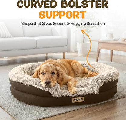 Fluffy Orthopedic Dog Bed for Medium & Large Dogs, Calming Plush Sofa Bed with Curved Bolster Support and Egg-Crate Foam Base, 43" Cozy Oval Pet Donut Bed with Washable Cover, Coffee