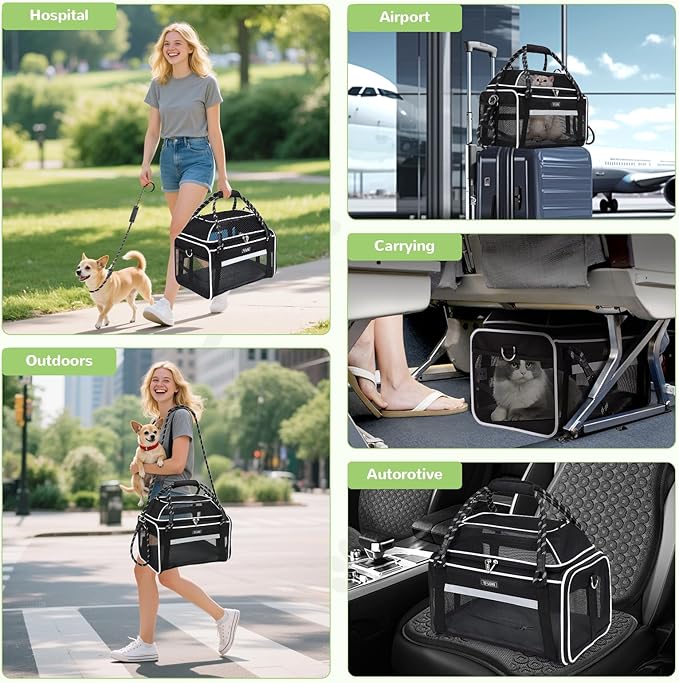 Lekereise Top Expandable Dog Carrier TSA Airline Approved Soft Sided Pet Underseat Up to 12lbs Travel Carriers for Small Cats and Dogs with Convertable Dog Leash and Anti-Scratch Mesh