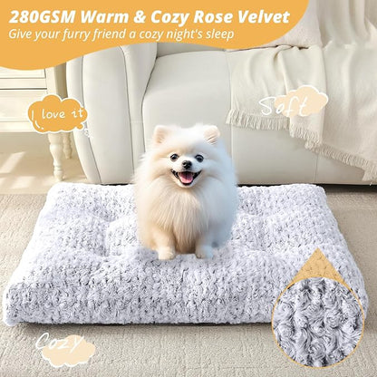 JOLLYVOGUE Washable Dog Bed for Crate, Deluxe Rose Plush Dog Crate Beds for Small Medium Large Size Dogs, Anti-Slip Soft Comfy Pet Kennel Pad, Fits Kennel Cage and Cat Bed Mat, 17" X 12", Gray