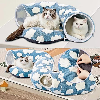 Cat Tunnel Bed with Washable Cushion for Indoor Cat, Donut Cave Tube Toys for Kitten Puppy Rabbit, Blue