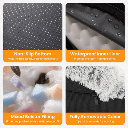 Fluffy Orthopedic Dog Bed for Large & Extra Large Dogs, Calming Plush Sofa Bed with Curved Bolster Support and Egg-Crate Foam Base, 43" Cozy Oval Pet Donut Bed with Washable Cover, Gray