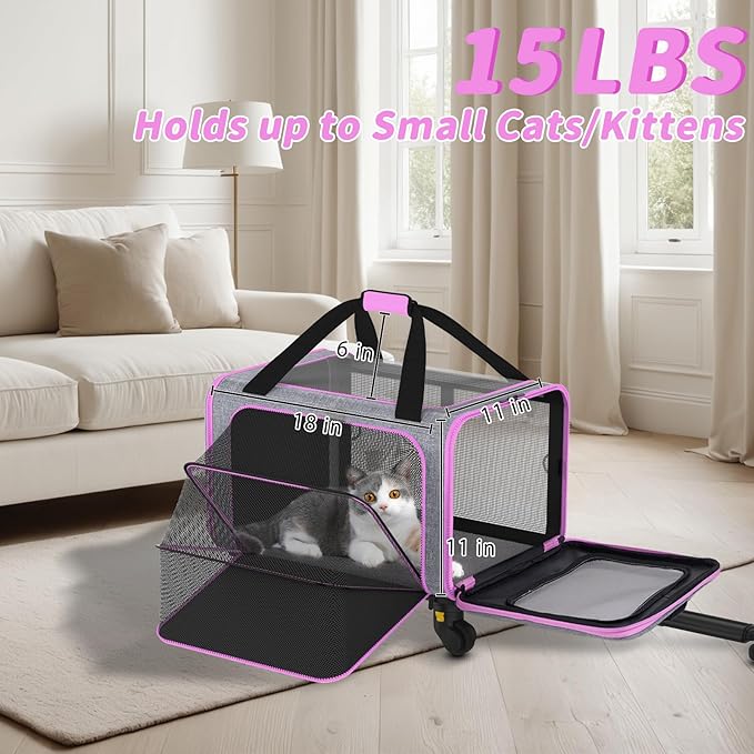 3-in-1 Pet Carrier with Wheels, 18" x 11" x 11" TSA Airline Approved, Cat Carrier on Wheels for Small Cats Up to 15Lbs, Rolling Pet Carrier, Cat Soft-Sided Bag for Flying, Travel & Vet(Not for Dogs)
